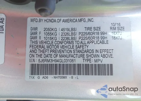 2016 Honda Cr-V Touring из США, поврежденный, VIN 5J6RM3H94GL031061